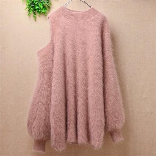 Female ladies sexy tops clothes off-shoulder sleeves o-neck plus size loose mink cashmere knitted sweater pullover mantle
