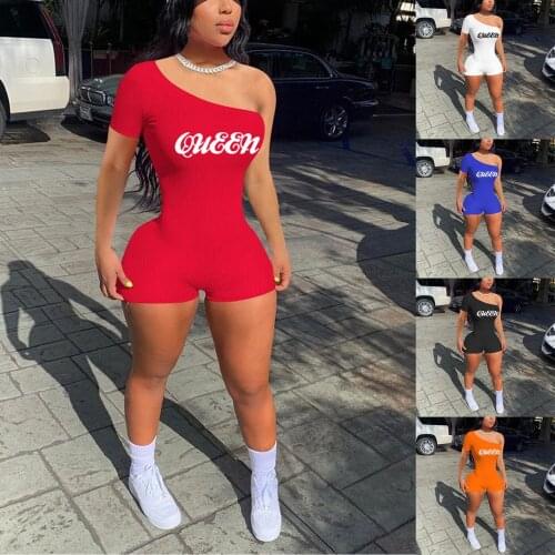 Women Letter Print Off-shoulder Romper, Short Sleeve High Waist Jumpsuit for Summer Sports Soccer Sets Yoga Running Suit