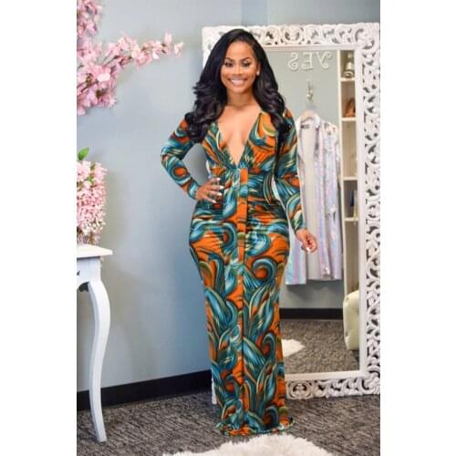 PLSW Dresses Women Chic Printed Long Sleeve V Neck Dress Elegant Evening Party Maxi Robe Dresses