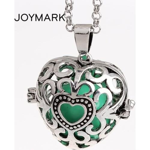 12pcs/lot Heart Shape Hollow Chime Box Cage Musical Sound Ball Pendant Long Chain Bola Baby Women Pregnant Necklaces HCPN09