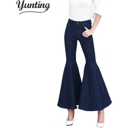 2021Autumn Pockets Washed Blue Denim Jean Women Jeans Wide Leg Pants Flounced Cuffs High Waist Flare Pants Vintage Skinny Jeans