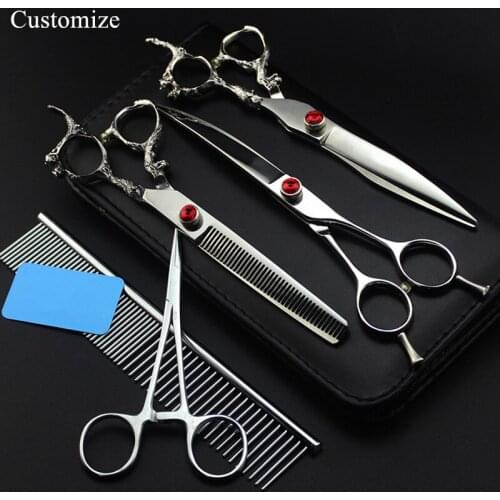 Customize logo 5 kit Japan 440c 7'' Dragon Pet dog grooming hair thinning shears curved cutting barber hairdressing scissors set