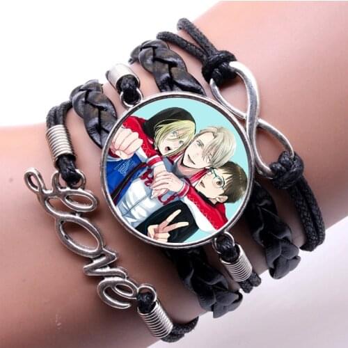 Anime YURI!!! on ICE Bracelet Multilayer Black Leather Bangles Transparent Glass Dome Charm Jewelry women gift Bracelet