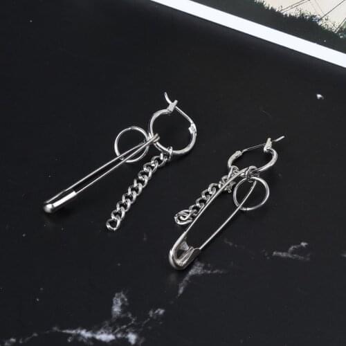 Safety Pin Shape Geometry Long Chain Tassel Irregular Earrings Korean Jewelry N58F