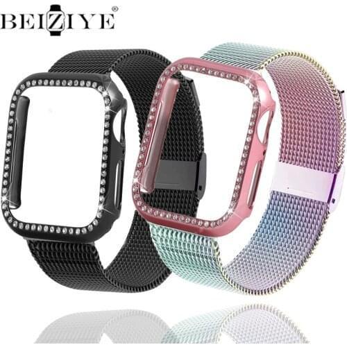 Diamond case+Milanese Loop strap For Apple Watch Series 6 SE 5 4 3 Bracelet Stainless Steel band for iwatch 38mm 42mm 40mm 44mm