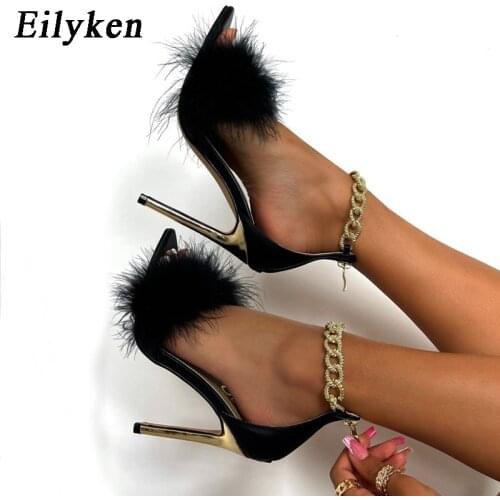 Eilyken New Summer Sandals Women Shoes Ankle Chain Thin High Heels Shoes Fashion Fur Design Open Toe Wedding Party Pumps Black