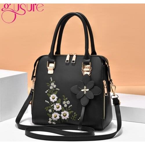 Gusure Elegant Flower Ornament Lady Handbags Women Shoulder Bags Luxury Embroidery High Quality Pu Leather Bags for Female