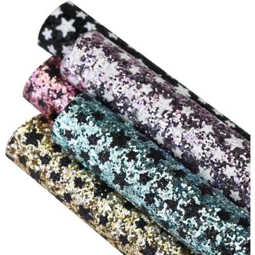 HSDLeather 20*34cm Star printed on Glitter Fabric Synthetic Leather for diy