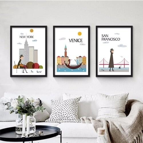 Nordic Decoration Painting New York Rome Venice World Famous Cities Wall Pictures for Living Room Kitchen Poster Art Frameless