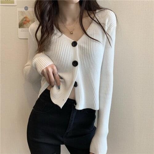 GOOHOJIO 2020 V-neck Short Cardigan Ladies Long Sleeve Knitted Sweater Women Tops Autumn Classic Casual Cardigan Women Sweater