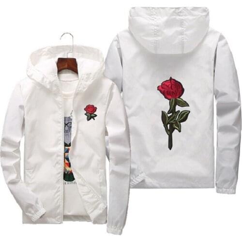 New Fashion Rose Jacket Windbreaker for Men Women Embroidery College Jackets Man Zipper High Quality Rose Embroidery Hooded
