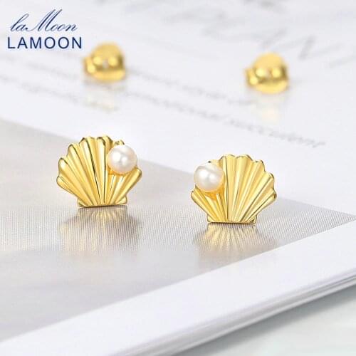 LAMOON Natural Fresewater Pearl Shell Stud Earring For Women 925 Silver 14K Gold Plated Fine Jewelry Mermaid Party Gift LMEI121