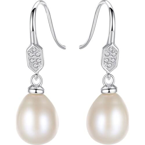 MetJakt S925 Sterling Silver Micro-Inlaid 3A Zircon Light Water 8-9mm Pearl Fashion Simple Womens Ear Pendant