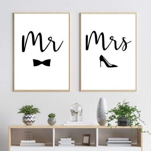 Mr. and Mrs. Logo Set Anniversary Gift Poster Simple and Rustic Wall Art Canvas Painting Love Couple Bedroom Home Decoration