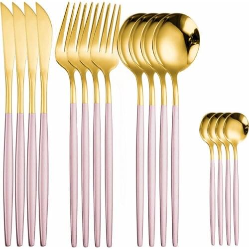KitchenTableware Sets Fork Spoon Knife Set Gold and Pink Cutlery Set Stainless Steel Full Dinner Set 16 Pieces Free Shipping