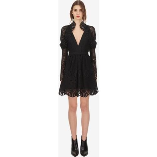 2020 New arrive V neck crochet black mini dress full sleeve women dress OL lady