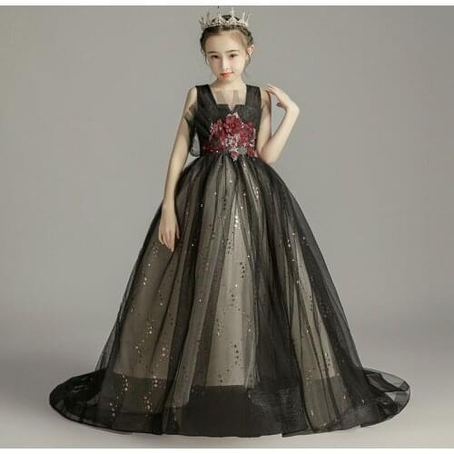 Flower Girls Dresses Spaghetti Straps Crystal Embroidery Lace Sequined Tulle Ball Gown Tiered Floor-Length Princess Skirt D199