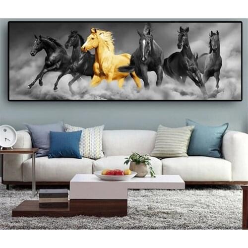 Posters and Prints Six Running Black and Gold Horse Animals Canvas Painting Art Gold Cuadros Wall Art Picture for Living Room