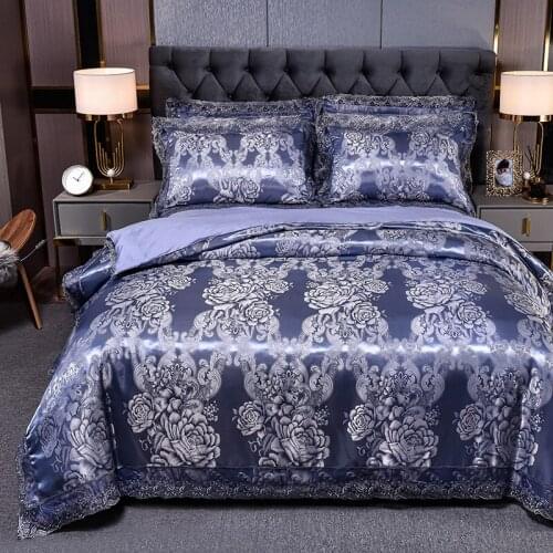 Dropshipping Wedding Duvet Cover Set Golden Jacquard bedding set Lace flat sheet Pillowcase 3/4pcs European luxury Grey blue N0