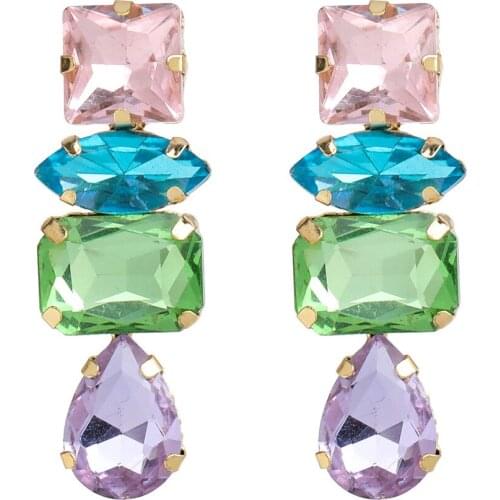 Fashion Colorful Crystal Geometric Pink Glass Stud Earrings for Women Girls Romantic Jewelry