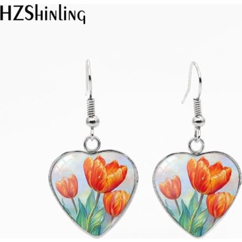 Heart French Hook Earrings Tulip Painting Flowers Stainless Steel Dangle Earrings Glass Handmade Craft Jewelry