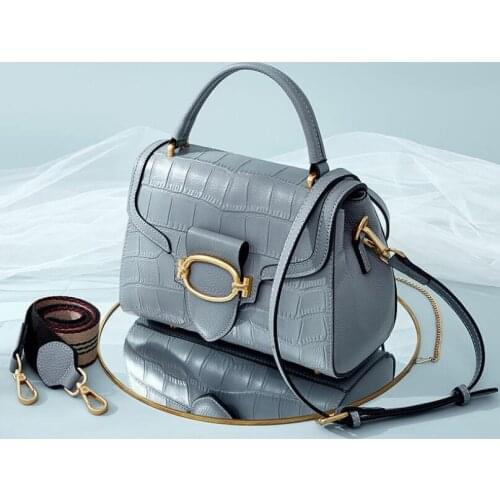 Classic Stone Pattern Design Women Genuine Real Leather Tote Crossbody Handbags Fashion Wide Strap Ladies Shoulder Messenger Bag