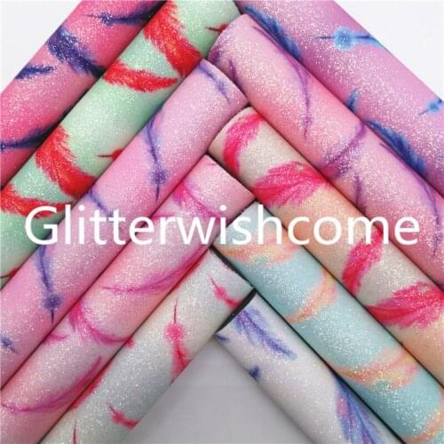 Glitterwishcome 21X29CM A4 Size Feather Printed Glitter Leather fabric Vinyl for Bows, GM849A