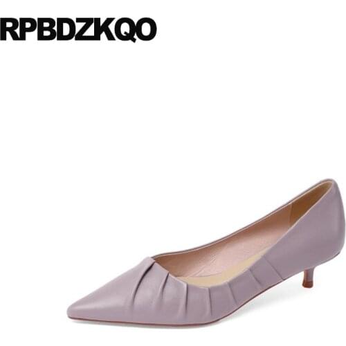 Thin Trending Women Lavender Wedding Shoes Pointed Toe Pumps Girls Kitten Purple Lilac Medium Heels Genuine Leather High Size 33