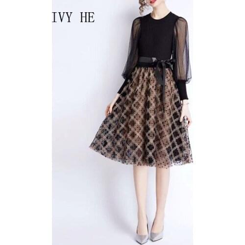 IVY HE High Quality Autumn Dress Woman Clothing Fashion Knitted Patchwork Gauze Midi Long Office Lady Vintage Dresses ZAfu Traf