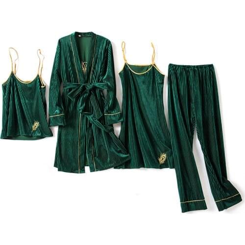 Green Women 4PCS Pajamas Suit Robe Gown Sleepwear Autumn Winter Soft Velour Nightwear Homewear Velvet Home Clothing Sleep Set
