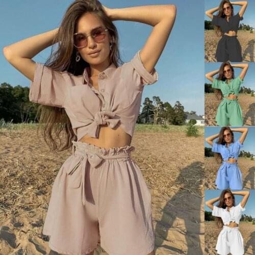 2021 Womens Clothing Solid Single-Breasted Short-Sleeved Shirt Straps Fashion Casual Beach Style Shirt+Shorts Two-Piece Suit