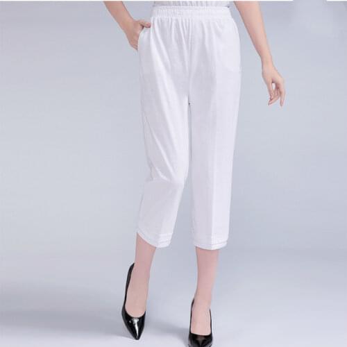 2021 Summer Pants For Women 3/4 Trousers Loose Casual Solid Color Straight Pants High Elastic Waist Capri Pant Plus Size 4XL 5XL