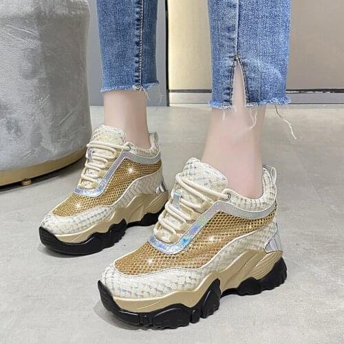 Gold Silver Chunky Platform Sneakers Women 2021 Spring Breathable Mesh Vulcanize Shoes Woman Thick Bottom Summer Trainers