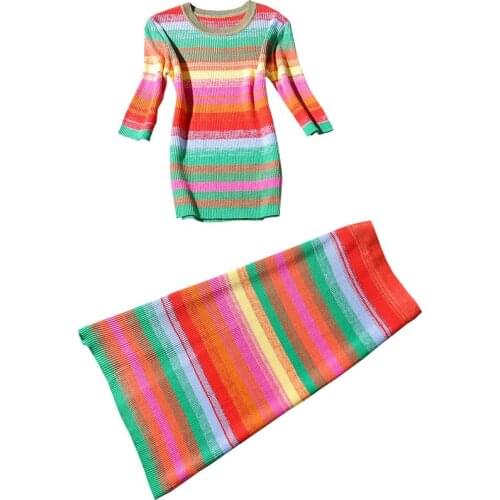 French style summer color striped knitted shirt+high waist package hip split skirt women two piece sets