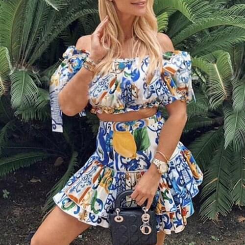 Runway Fashion 2 Summer Two-Pieces Sets Women Porcelain Printed Top+Casual Holiday Ruffles Mini Skirts Suit