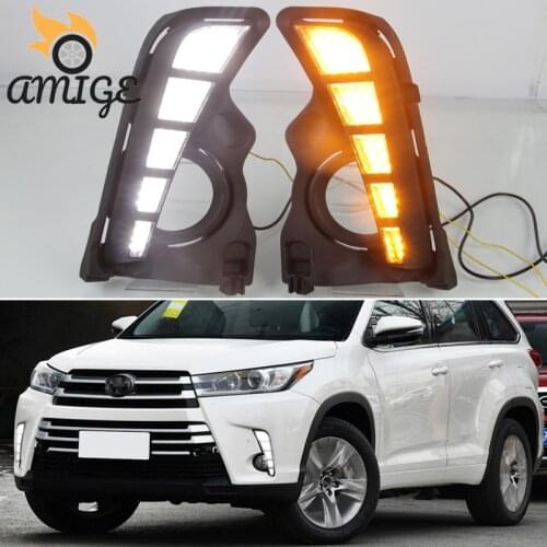 12V Car LED DRL Daylights For Toyota Highlander 2018 2019 Yellow Turn Signal Daytime Running Light Auto Foglamp