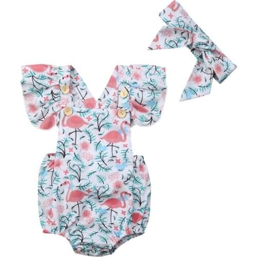 Cute Infant Baby Girls Summer Outfits Flying Sleeve Backless Romper Bow Headband 2Pcs Flamingo Print Baby Girl Clothes Set 0-24M