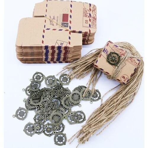 50pcs Romantic Vintage Heart Kraft Paper Compass Candy Box with Burlap Twine Wedding Favors and Gifts Bag Party Wedding Supplies