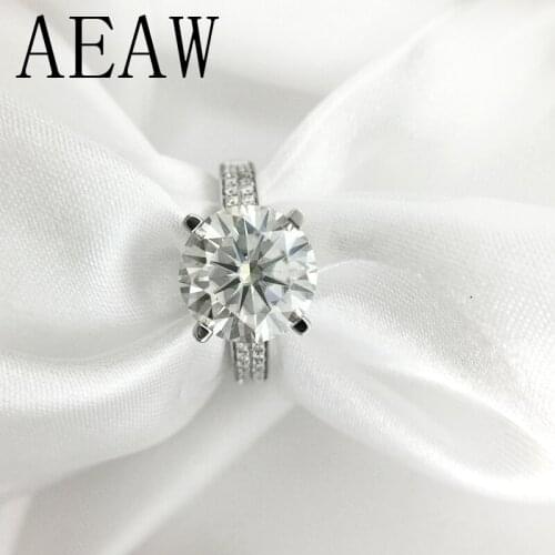 AEAW 3 Carat 9mm Round Cut FG Color Engagement&Wedding Moissanite Diamond Ring Platinum Plated Silver