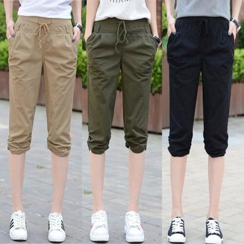 Womens Solid Color Casual Pants Summer 2021 Plus Size 6XL High Waist Elastic Pants Woman Harem Pants Female Half Length Trousrs