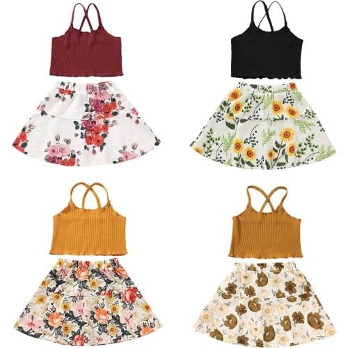 FOCUSNORM 1-6Y Summer Infant Kids Girls Clothes Sets 2pcs Solid Sleeveless Vest Tops Flowers A-Line Skirts 4 Colors