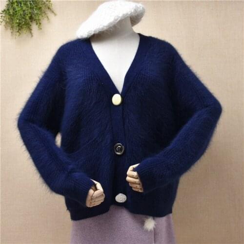 HANKERL female women Fall Winter angora rabbit hair knitwear deep v-neck long sleeves loose cardigans sweater angora jacket coat