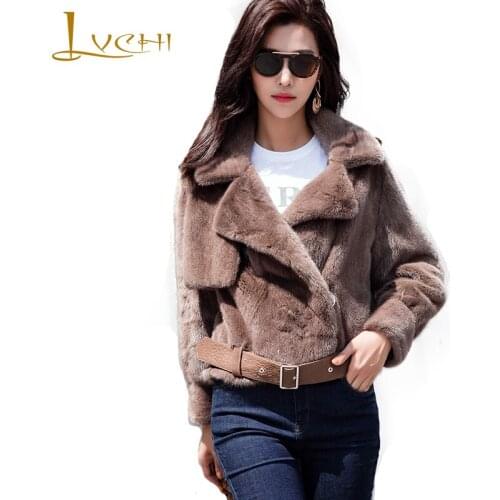 LVCHI Winter 2019 Imported Mink Coat Womens Natural Fur Coat Mink Coat Slim Turn-Down Collar With Sahes Short Mink Fur Coats