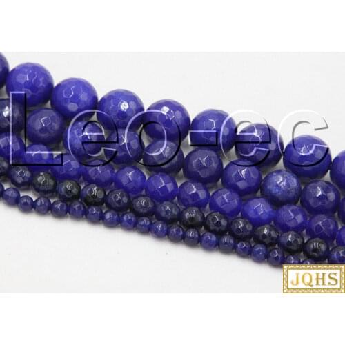 JQHS 4mm 6mm 8mm 10mm natural Round Faceted blue Agates Loose beads Strand For Jewelry Making 15" V1187