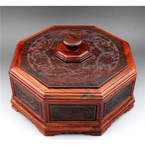 Mahogany fruit plate solid Chinese retro engraved candy box Lao red acid branch living room cover to separate dry fruit basin
