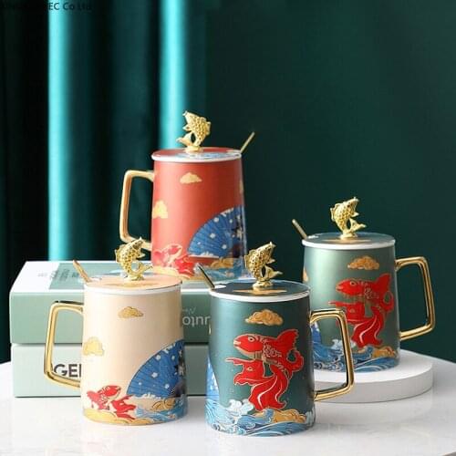 500mL Mug Ceramic Water Cup Large Capacity Spoon Coffee Cup with Lid Creative Crafts Living Room Coffee Table Decoration