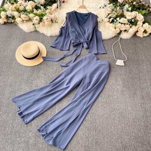 Fashion Suit Off-shoulder Flared Sleeve One-piece Chiffon Top High Waist Wide-leg Split Trousers Two-piece Suit GK369