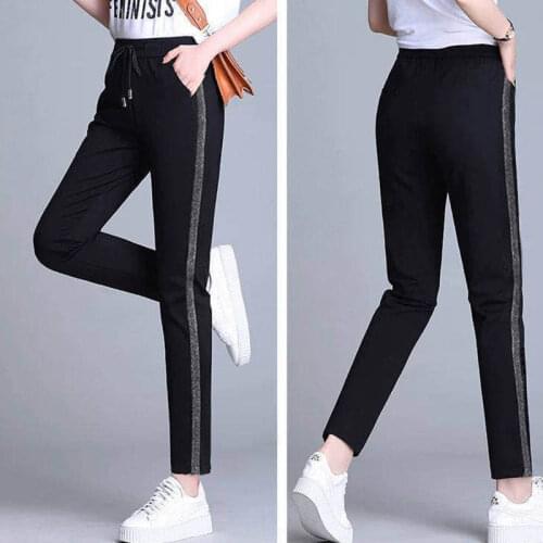 Timis Li New Fashion Summer Women pants Mid Waist slim Pants Shiny Silver Side Stripped Casual Elastic Band Long Pants