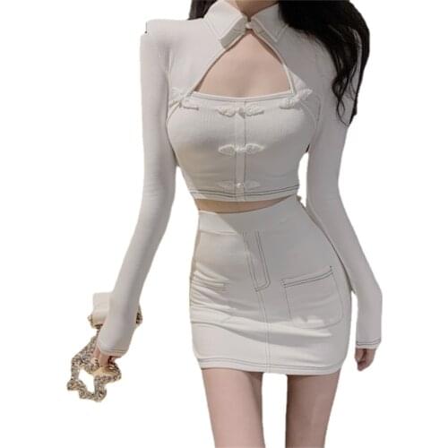 2021 New Fashion Women Two Piece Set Sexy Hollow Out Long Sleeve Slim Short T-shirt Crop Top&Mini Dress 2pc Skirt Suits Outfits