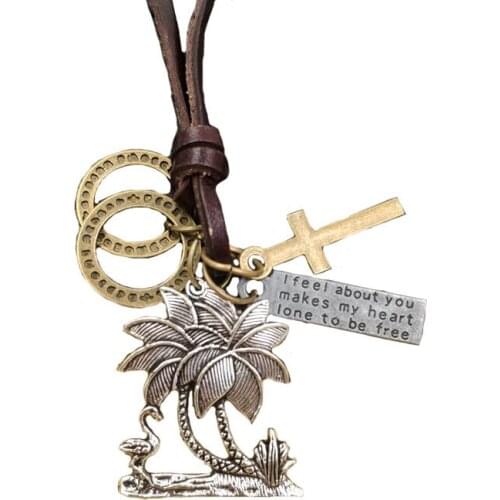 100% Cowhide rope Necklace Genuine Punk Leather ocean coconut tree mermaid apple Bronze Cross Loop Letter Tag Male Gift AC063-68